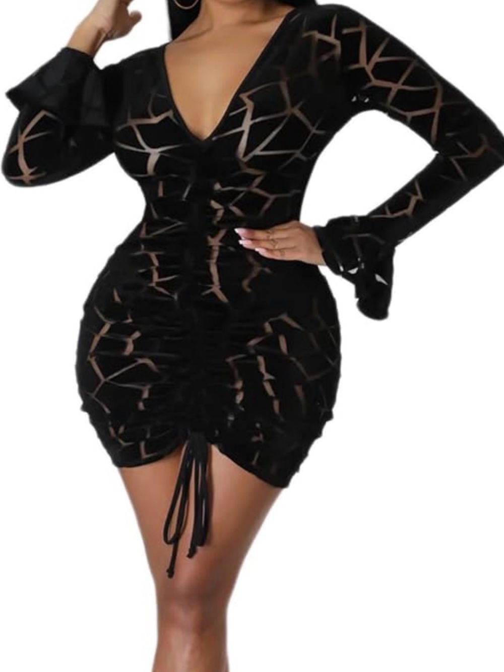 Black Velvet Patterned Long-Sleeve Ruched Dress